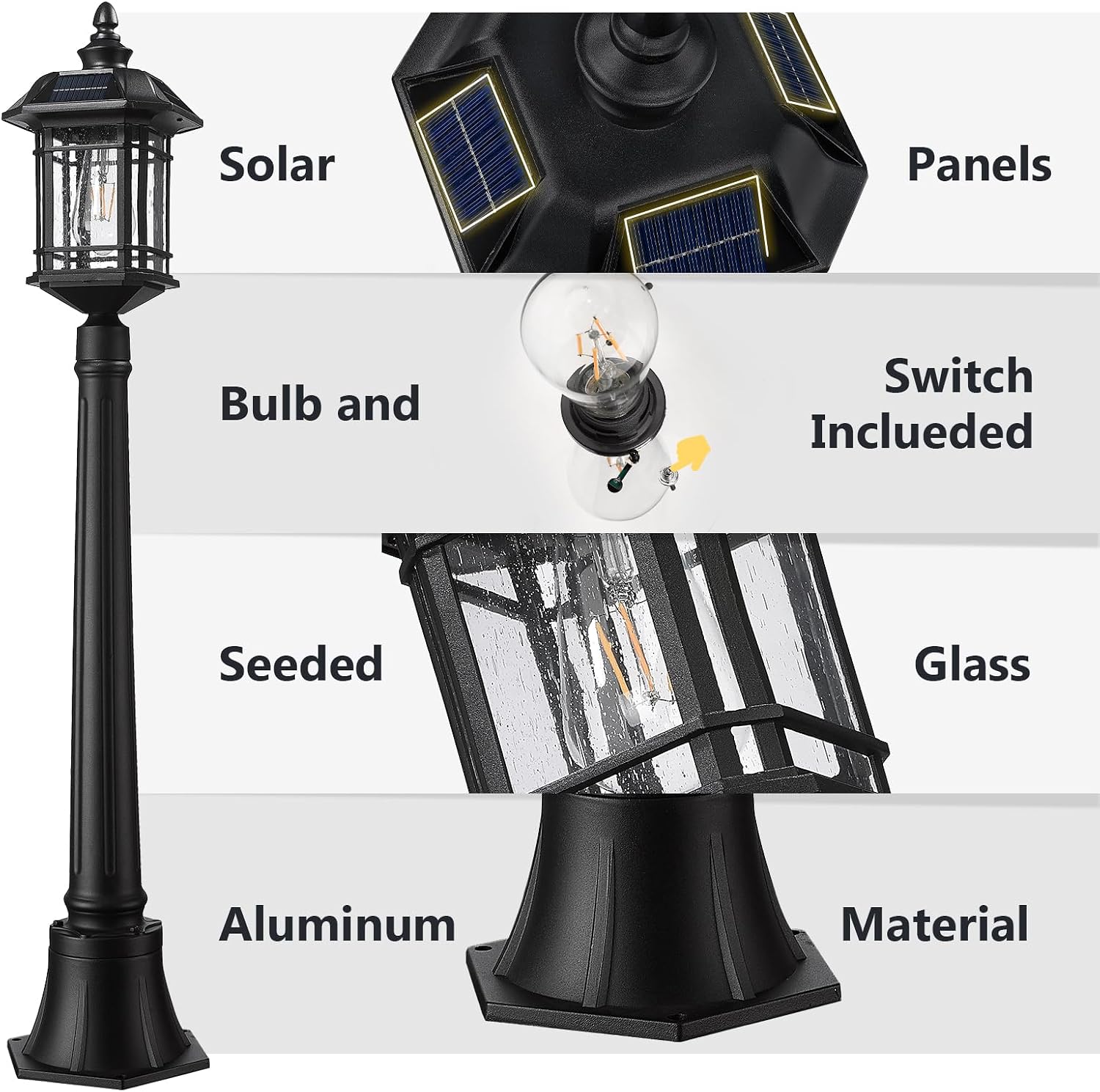 Emliviar Outside Solar Powered Post Light, Black Pathway Light with Remote Control, Dusk to Dawn LED Outdoor Solar Pole Lighting, Bulb Included, Seeded Glass, 2084PL-SL BK