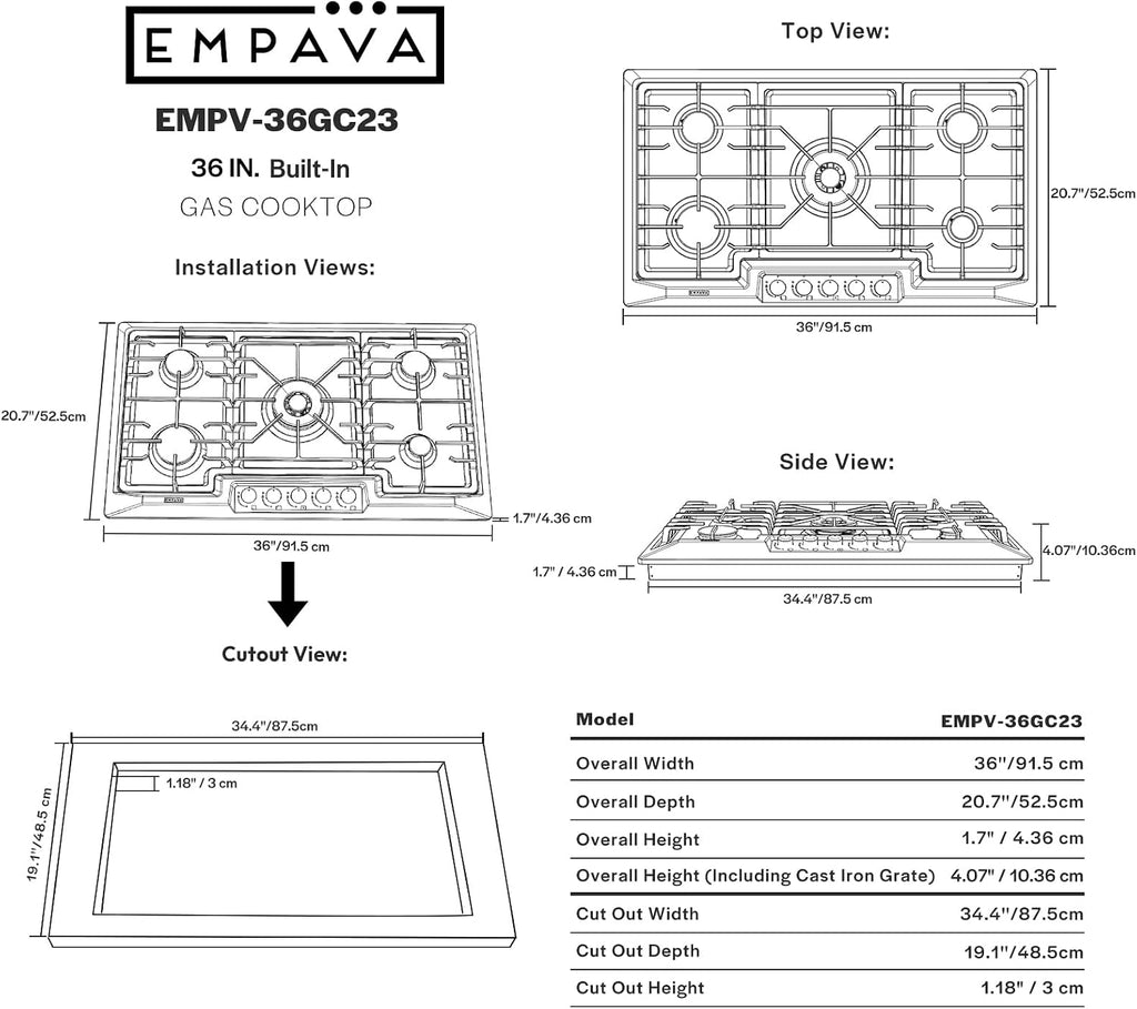 Empava 36 Inch Gas Stove Cooktop 5 Italy Sabaf Sealed Burners NG/LPG Convertible in Stainless Steel