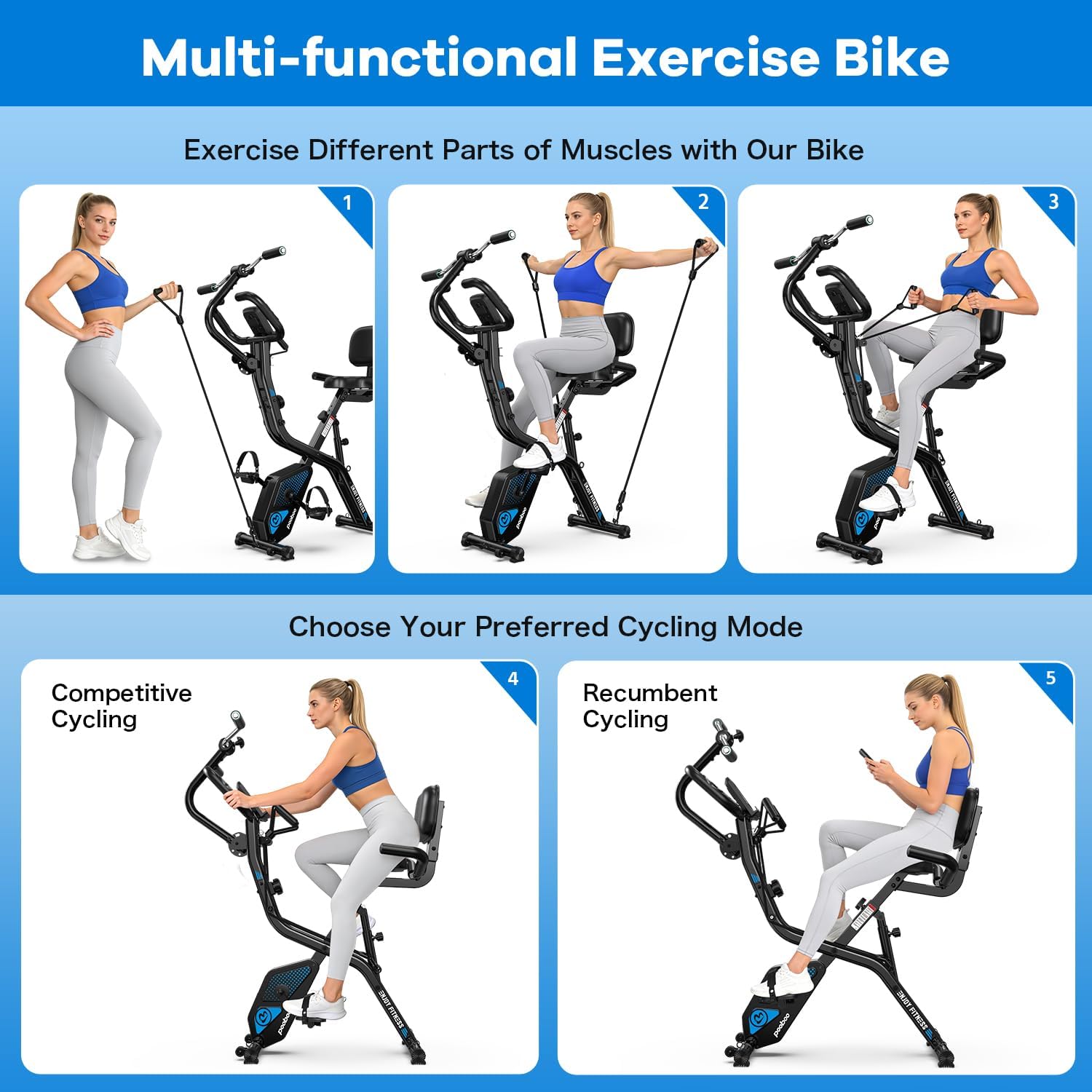 pooboo Folding Exercise Bike, Foldable Upright Stationary Bike, Indoor Cycling Magnetic X-Bike with 8-Level Adjustable Resistance, 6.6 LBS Flywheel, 300LB Capacity, Back Support Cushion for Home Gym