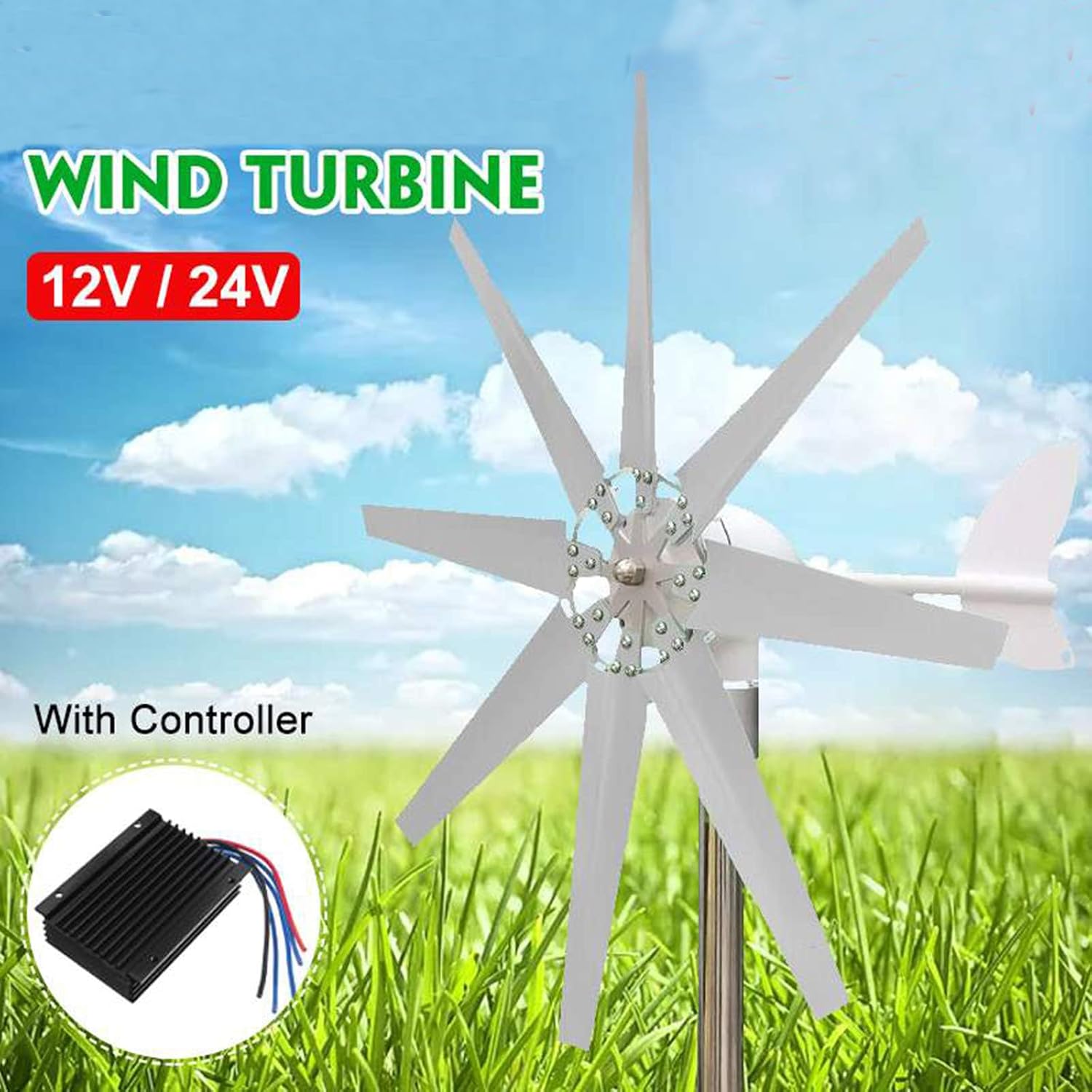 Wind Turbine Generator 12V 24V 48V 1000W-5000W Portable Wind Power with MPPT Controller 8 Blades for Garden Lighting(White)