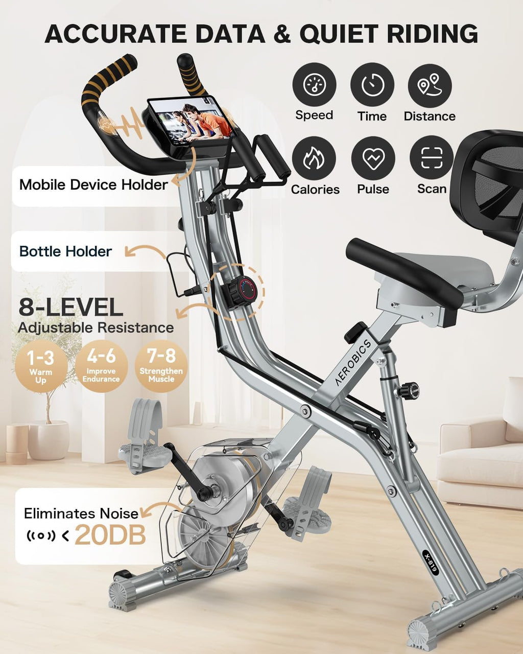 pooboo Folding Exercise Bike, Foldable Upright Stationary Bike, Indoor Cycling Magnetic X-Bike with 8-Level Adjustable Resistance, 6.6 LBS Flywheel, 300LB Capacity, Back Support Cushion for Home Gym