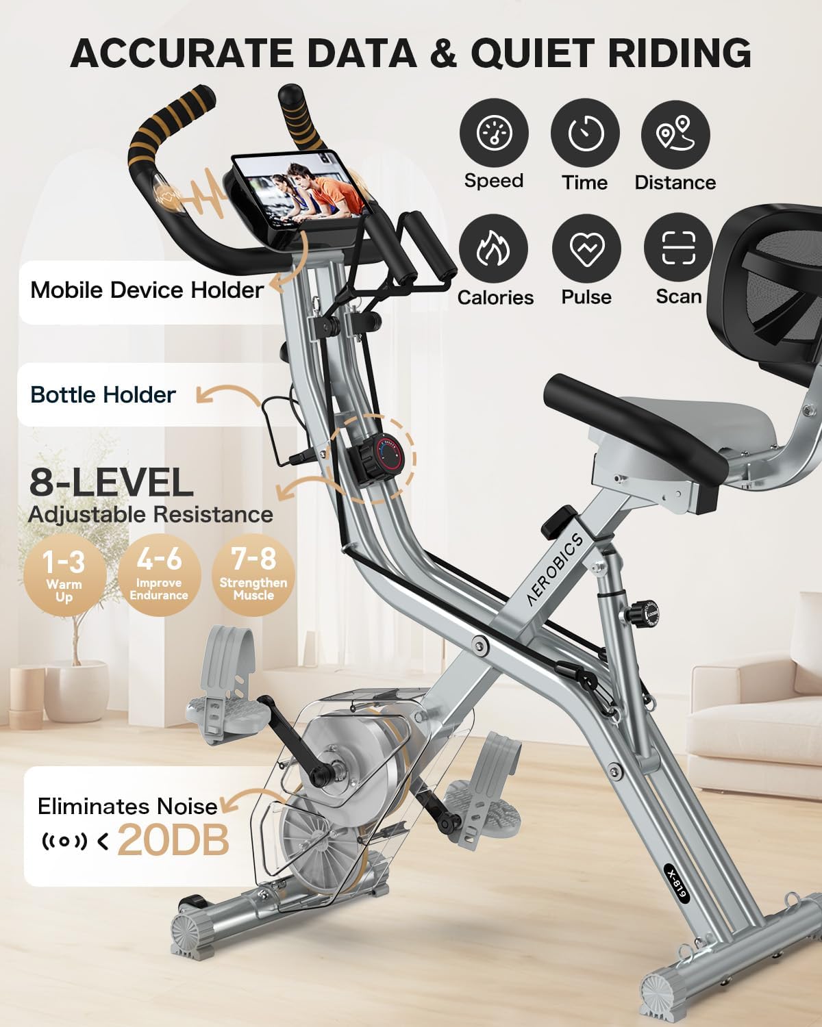 pooboo Folding Exercise Bike, Foldable Upright Stationary Bike, Indoor Cycling Magnetic X-Bike with 8-Level Adjustable Resistance, 6.6 LBS Flywheel, 300LB Capacity, Back Support Cushion for Home Gym