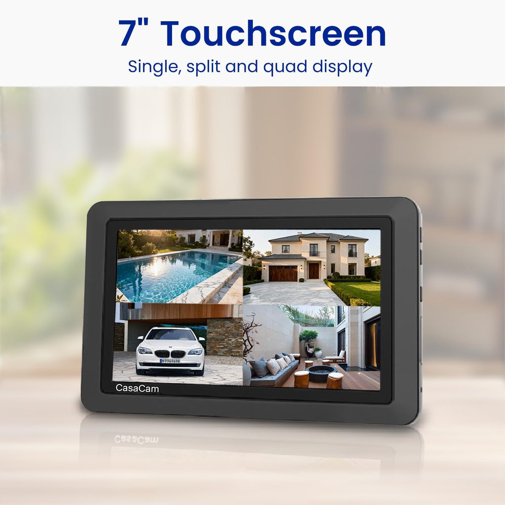 CasaCam GuardianCam Air | 7' Touchscreen Monitor with 2 Spotlight HD Cameras | Wireless Security Camera System, AC Powered, Two-Way Audio, Free APP, SD Card and Battery Installed, Model VS1002