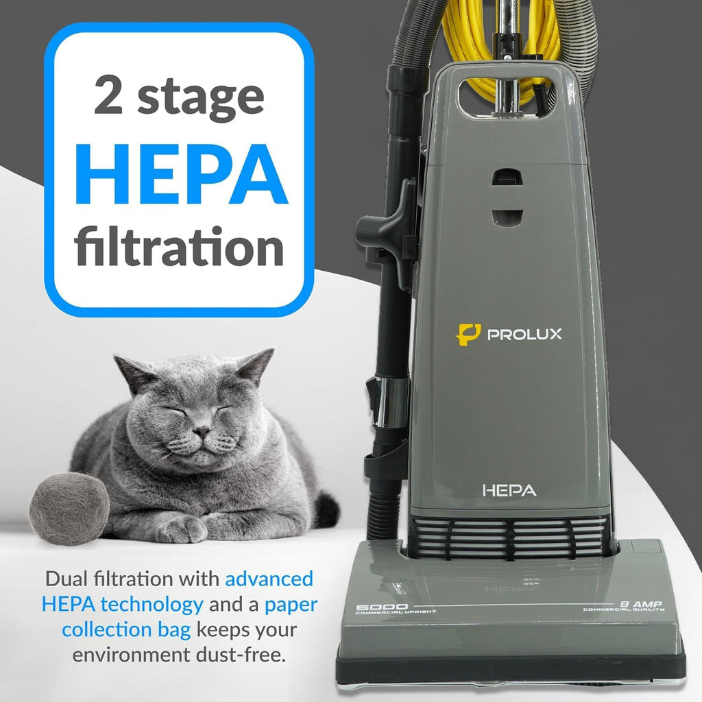 Prolux 6000 Commercial Upright Vacuum with On Board Tools, Bagged Vacuum Cleaner, Commercial Vacuum, Carpet, Floor, HEPA Filter, Steel Brushroll, 107 CFM Suction Power