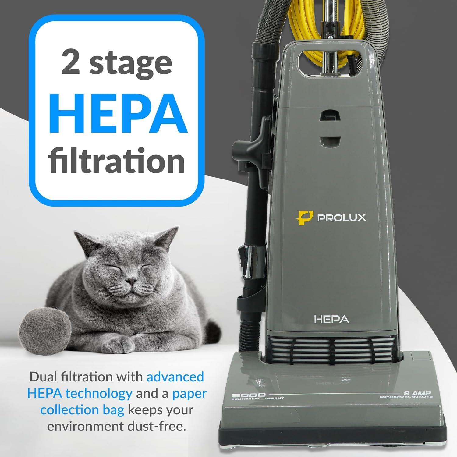 Prolux 6000 Commercial Upright Vacuum with On Board Tools, Bagged Vacuum Cleaner, Commercial Vacuum, Carpet, Floor, HEPA Filter, Steel Brushroll, 107 CFM Suction Power