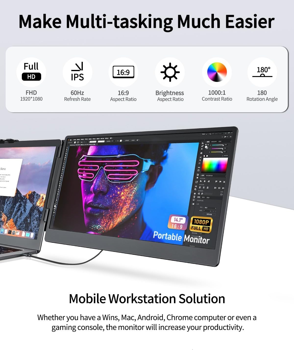 Macsecor 14.1'' Laptop Screen Extender, 1080P FHD IPS Portable Dual Monitor for Laptop, USB C HDMI Plug-Play Monitor Extender for Triple Display for MacOS/Windows, Fits 13-17.3' Laptops