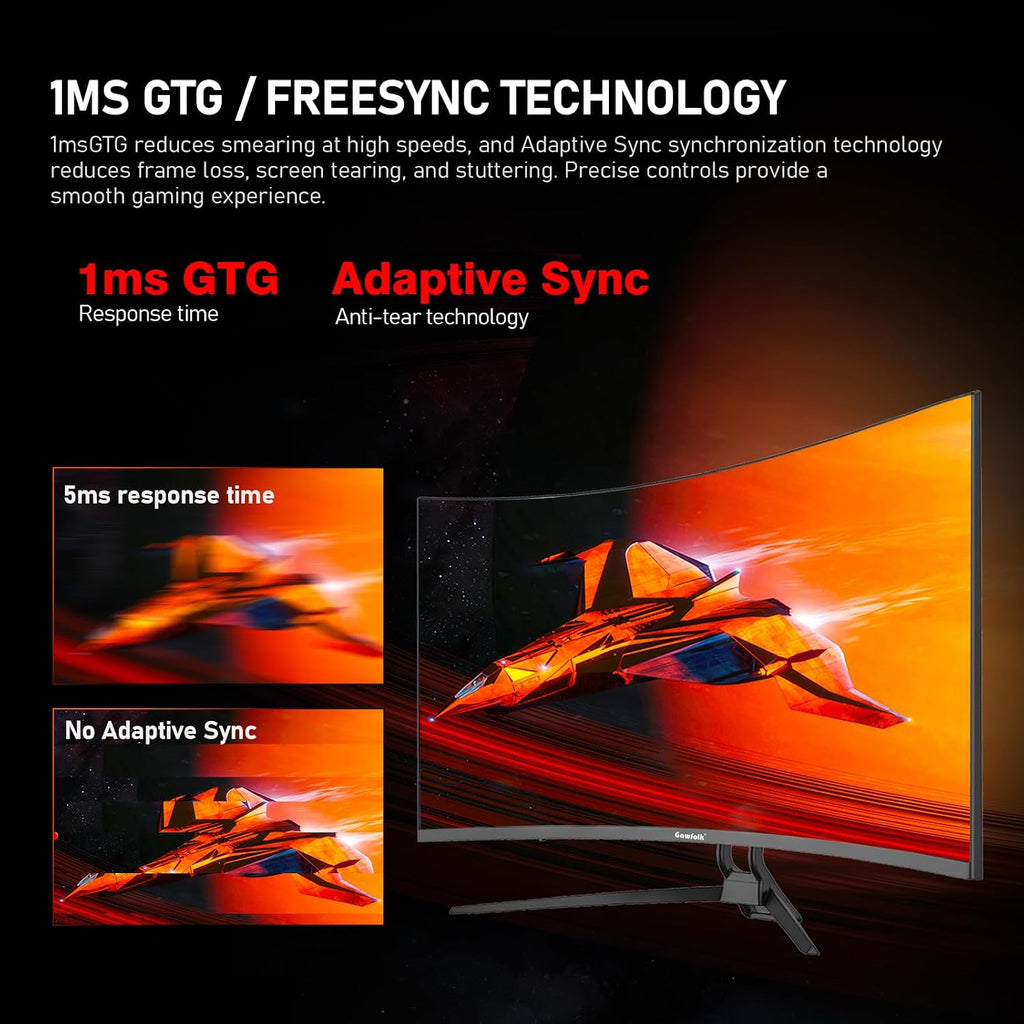 Gawfolk 32-inch 4K Ultra HD Curved 1500R Computer Monitor, 160Hz Gaming Screen, 1ms, Adaptive Sync, 128% sRGB, Built-in Speaker, HDMI 2.1, DisplayPort, Compatible with 75 * 75MM Wall Mount-Black