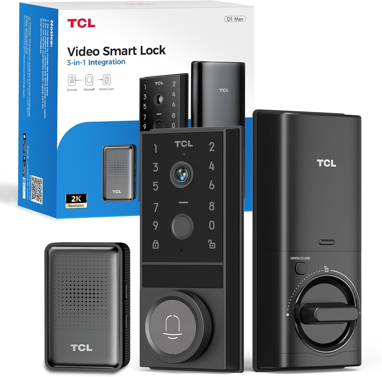 TCL Video Smart Door Lock D1 Max, 3-in-1 2K Camera+Doorbell+Fingerprint Door Lock, Built-in Wi-Fi Deadbolt for Front Door, Keyless Entry, Auto Lock, App Remote Control, Easy Installation (Black)