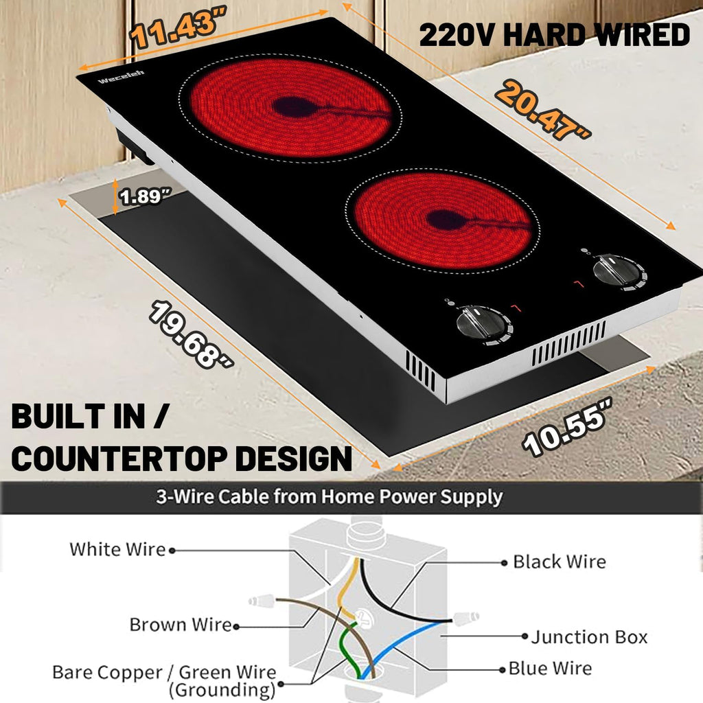 2 burner Electric Cooktop, 12 Inch Built-in Electric Stove Top 3000W, Radiant Ceramic cooktop 220-240V Hard Wire(No Plug), Child Safety Lock, Timer, Knob Control