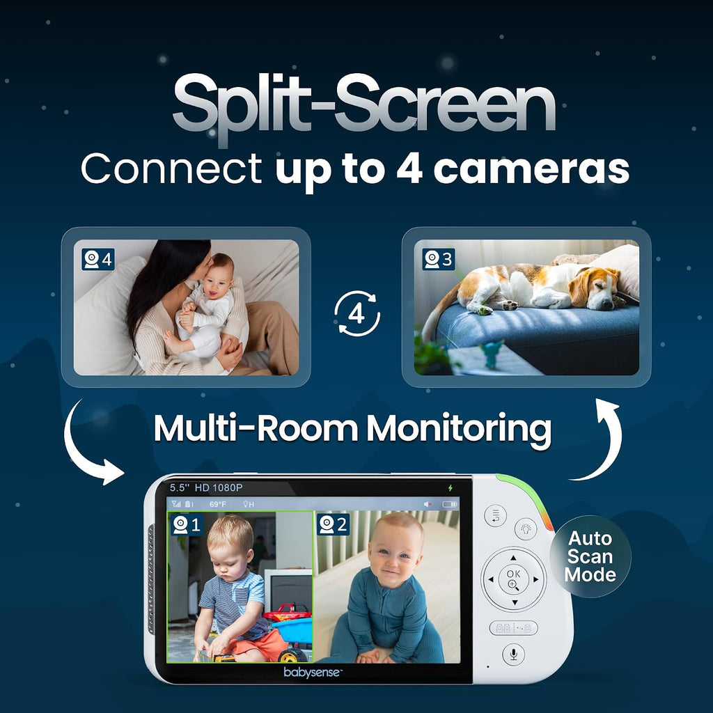 Babysense 5.5' Full-HD Split-Screen Baby Monitor, Video Baby Monitor with Camera and Audio, 3 Cameras with 6-Color RGB Night Light, 1000ft Range, 5000mAh Battery