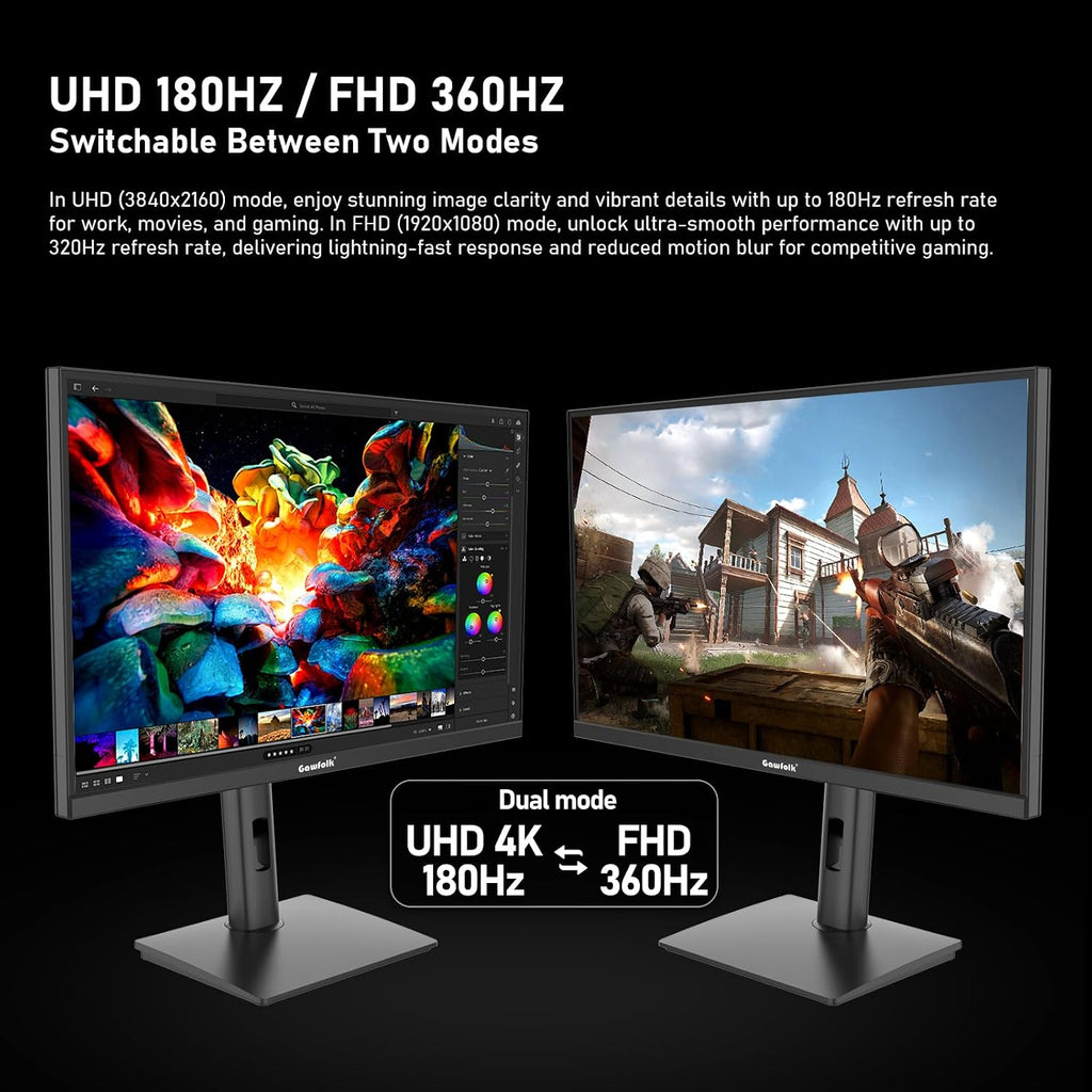 Gawfolk 27 inch IPS Gaming Computer Monitor, UHD 3840x2160 4K 180Hz / FHD 360Hz Dual Mode PC Screen, 1.07 Billion Colours, Adaptive Sync, Height Adjustable,Built-in Speaker,HDMI 2.1 & DP1.4,Black