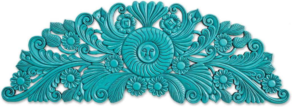 NOVICA Artisan Handcarved Wood Relief Panel Floral in Blue from Guatemala Wall Decor Panels Female Form Sun Moon [20.5in H x 59in W x 1.2in D] ' Mister Sun'