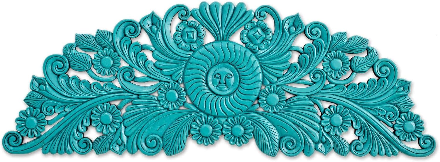 NOVICA Artisan Handcarved Wood Relief Panel Floral in Blue from Guatemala Wall Decor Panels Female Form Sun Moon [20.5in H x 59in W x 1.2in D] ' Mister Sun'