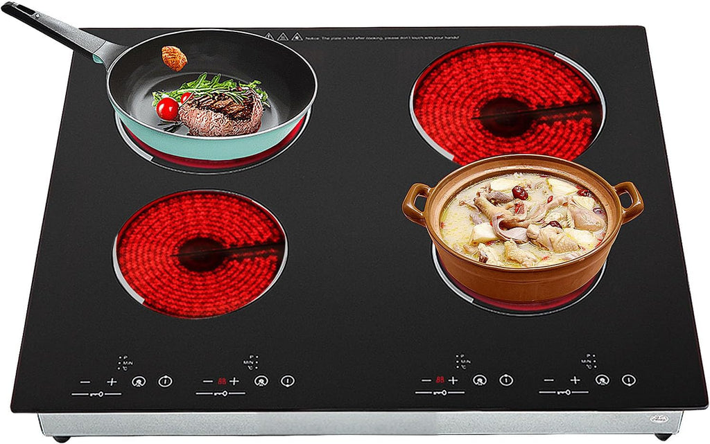 4 Burner Electric Cooktop 23 Inch Countertop & Built-in Ceramic Glass Stove Top 110V 3000W Electric Stove Top Hot Plate with 9 Heating Level, Child Lock, Timer, Hard Wire (No Plug)
