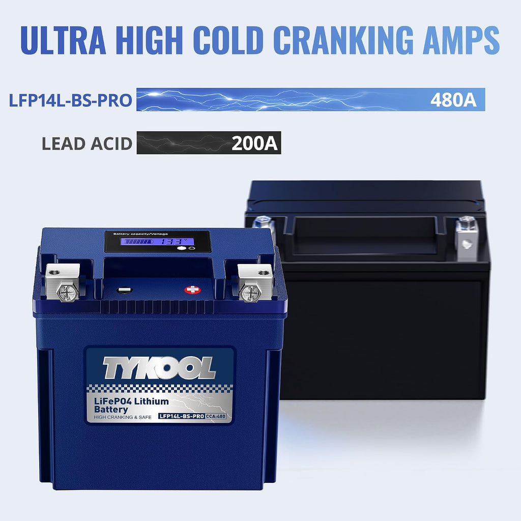 TYKOOL YTX14L-BS [- +] Lithium Battery 480 CCA for Harley Davidson Sportster 883 1200 Iron 48 XL XLH 2004-2023 Street 500 750 2014-2021 XR1200X BRP Seadoo Spark | Digital SOC Display IP67 Waterproof