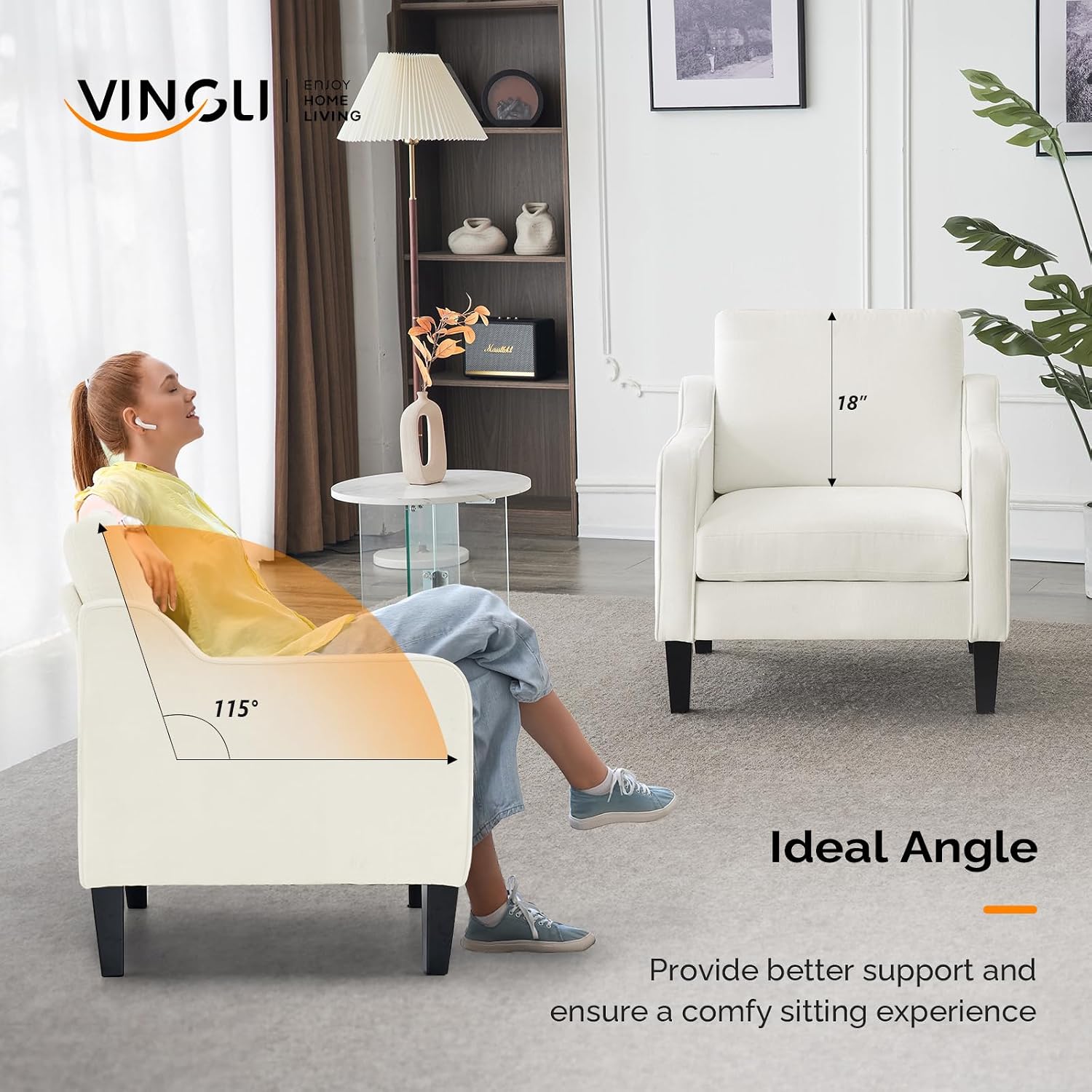 VINGLI Living Room Chairs White Accent Chair Soft Chenille Comfy Arm Chair Mid Century Modern Sofa Chair for Small Spaces Bedroom, Home Offfice, Apartment, Lounge (Creamy White)