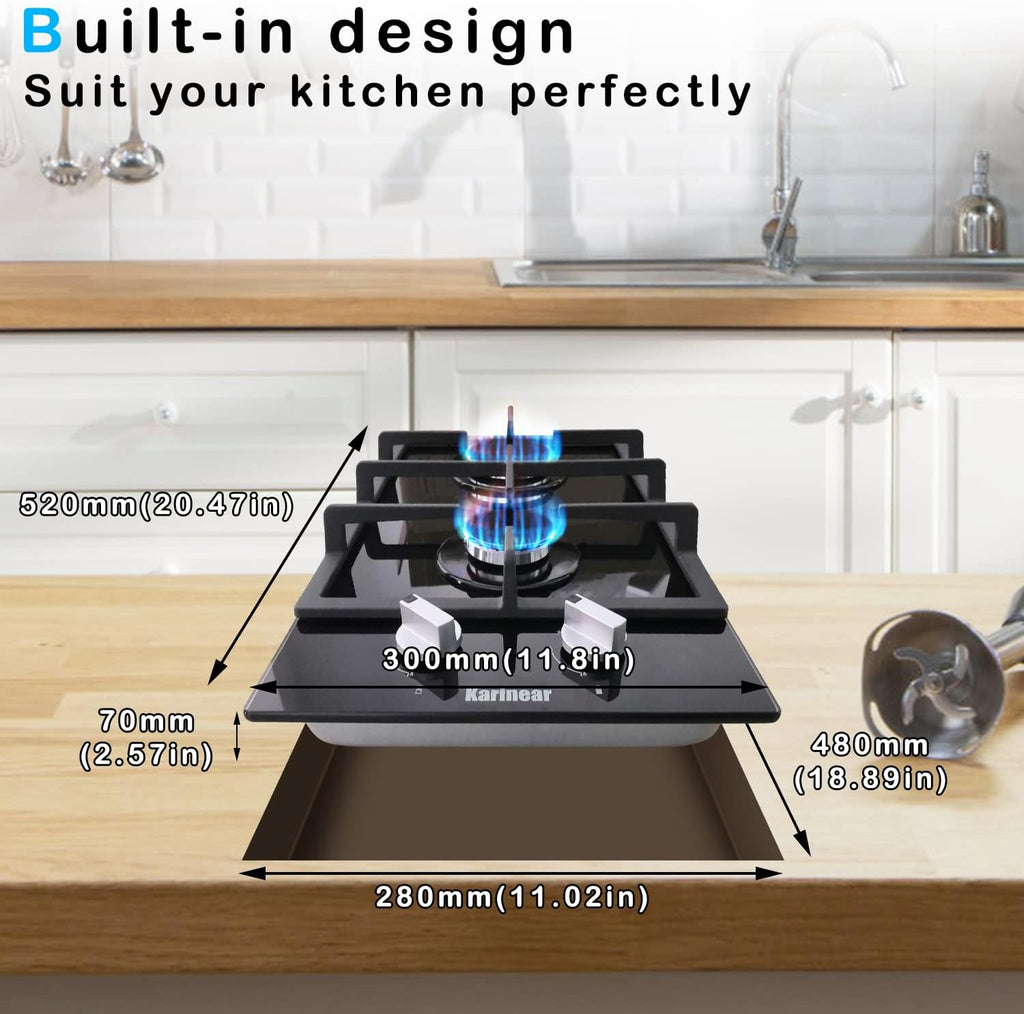 Karinear Gas Cooktop 2 Burner Propane Cooktop, 12 Inch LPG/NG Dual Fuel Gas Stove Top, Built-in Tempered Glass Gas Cooktop for Apartment, Indoor, RV