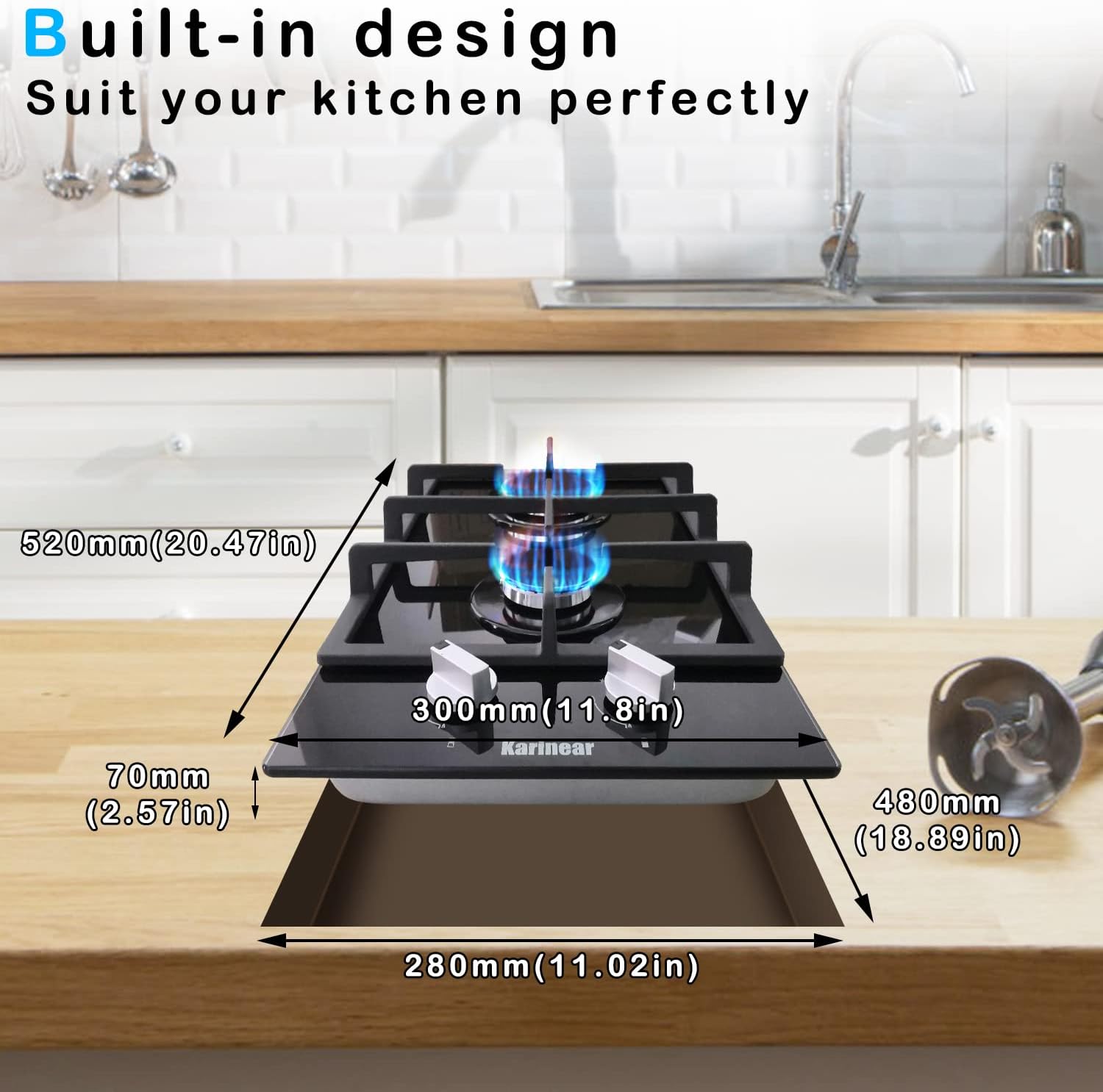 Karinear Gas Cooktop 2 Burner Propane Cooktop, 12 Inch LPG/NG Dual Fuel Gas Stove Top, Built-in Tempered Glass Gas Cooktop for Apartment, Indoor, RV