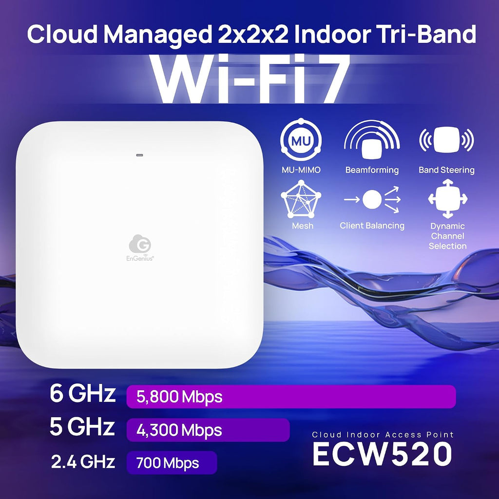 EnGenius ECW520 Wi-Fi 7 Tri-Band Indoor Access Point – 10.8 Gbps Speeds, 2x2x2 MU-MIMO, 2.5GbE PoE+, 2.4/5/6GHz, 320MHz Channels, 1,200 Sq Ft Coverage, Cloud Managed, AC Adapter NOT Included