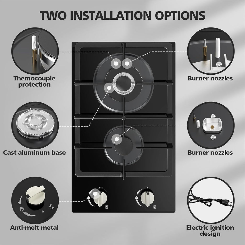 Gas Stove 2 Burner Propane Cooktop 12 inch, Nafewin Tempered Glass Portable Gas Cooktop Stove Burner with Thermocouple Protection, Lpg/Ng Dual Fuel Built-in Hob for Apartments, Outdoor, Rvs