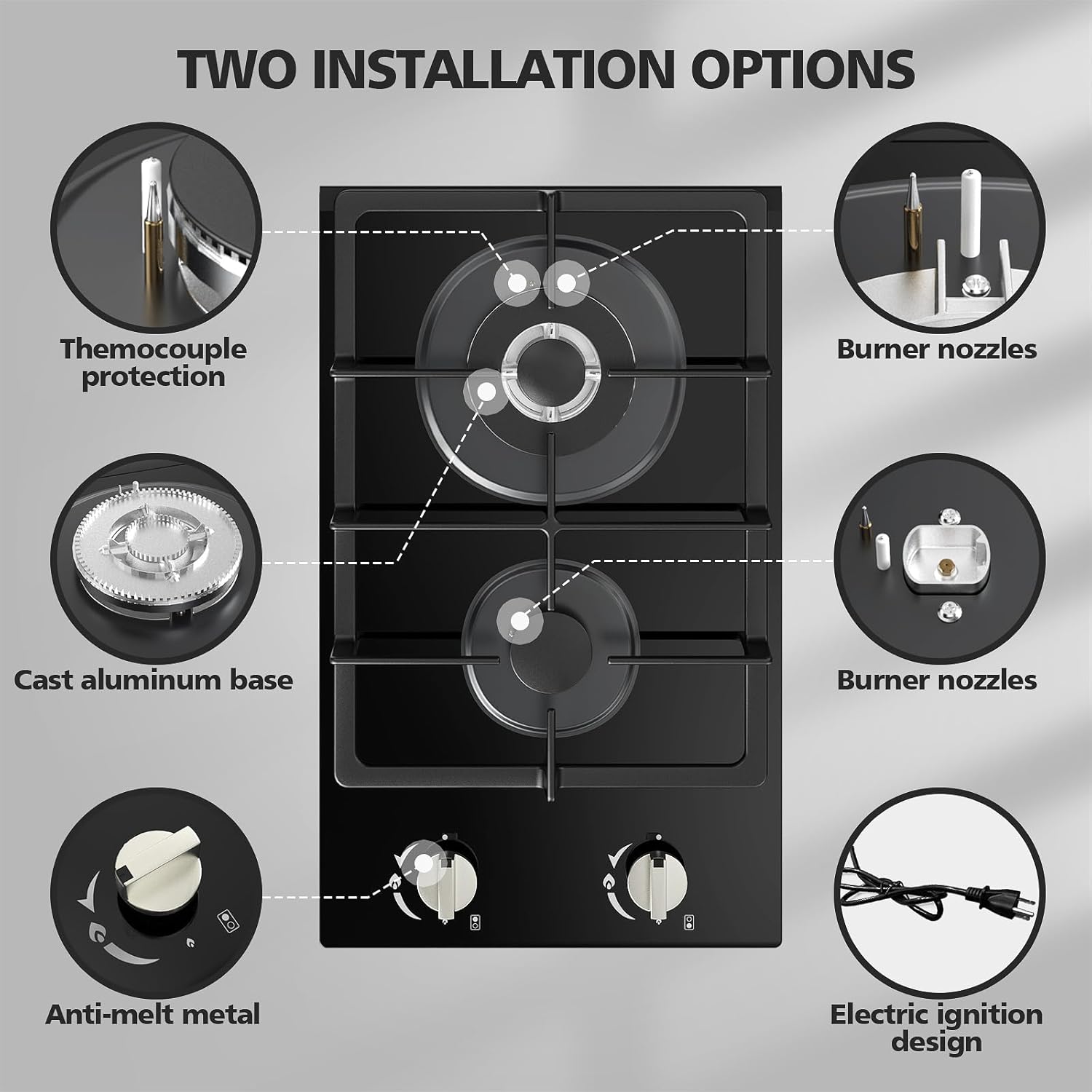Gas Stove 2 Burner Propane Cooktop 12 inch, Nafewin Tempered Glass Portable Gas Cooktop Stove Burner with Thermocouple Protection, Lpg/Ng Dual Fuel Built-in Hob for Apartments, Outdoor, Rvs