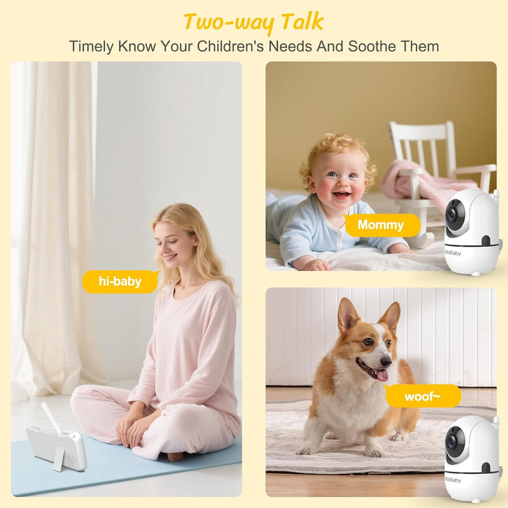HelloBaby Baby Monitor with 2 Cameras, 6' World First Split Screen, No WiFi, 30H Battery, 355° Pan-Tilt-Zoom, Night Vision, VOX, 8 Lullabies, Temperature Alert, 1000ft Range, Portable for Travel