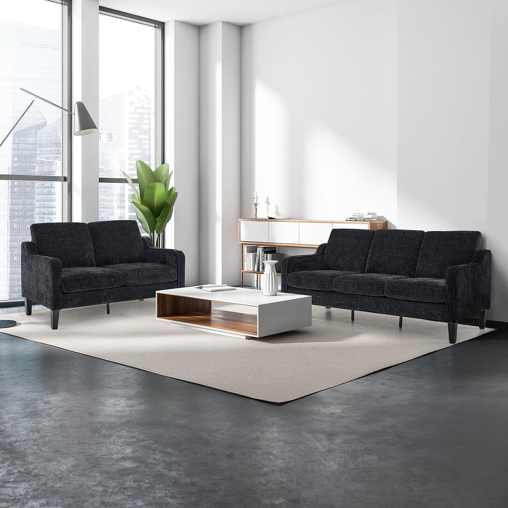 VINGLI Black Couches for Living Room, 71' Small Couch Comfy 3 Seater Upholstered Chenille Sofa Mid-Century Modern Floor Sofas for Small Spaces, Bedroom, Apartment, Lounge, Office