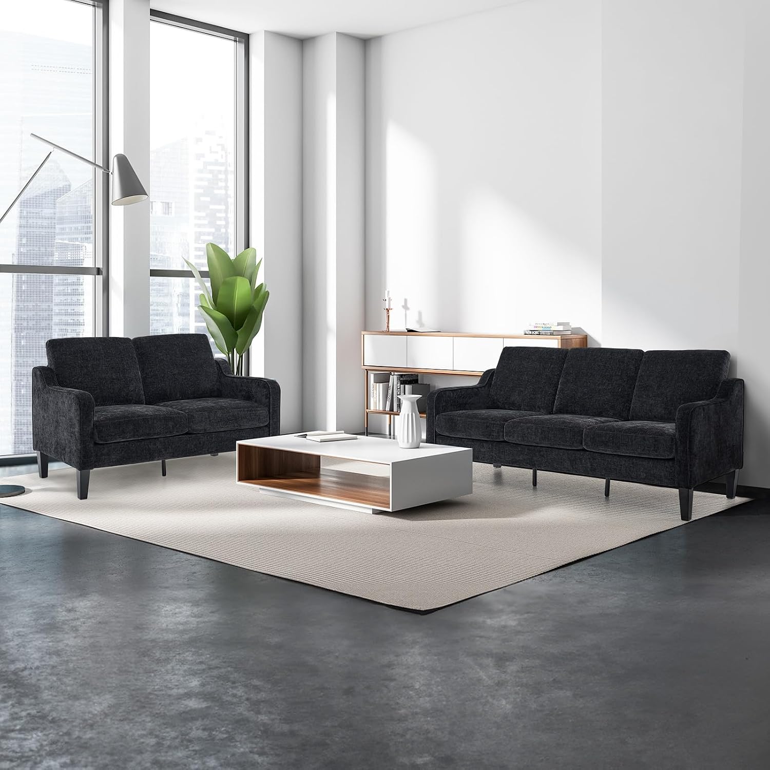 VINGLI Black Couches for Living Room, 71' Small Couch Comfy 3 Seater Upholstered Chenille Sofa Mid-Century Modern Floor Sofas for Small Spaces, Bedroom, Apartment, Lounge, Office