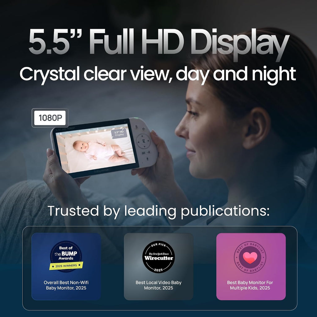 Babysense 5.5' Full-HD Split-Screen Baby Monitor, Video Baby Monitor with Camera and Audio, 3 Cameras with 6-Color RGB Night Light, 1000ft Range, 5000mAh Battery