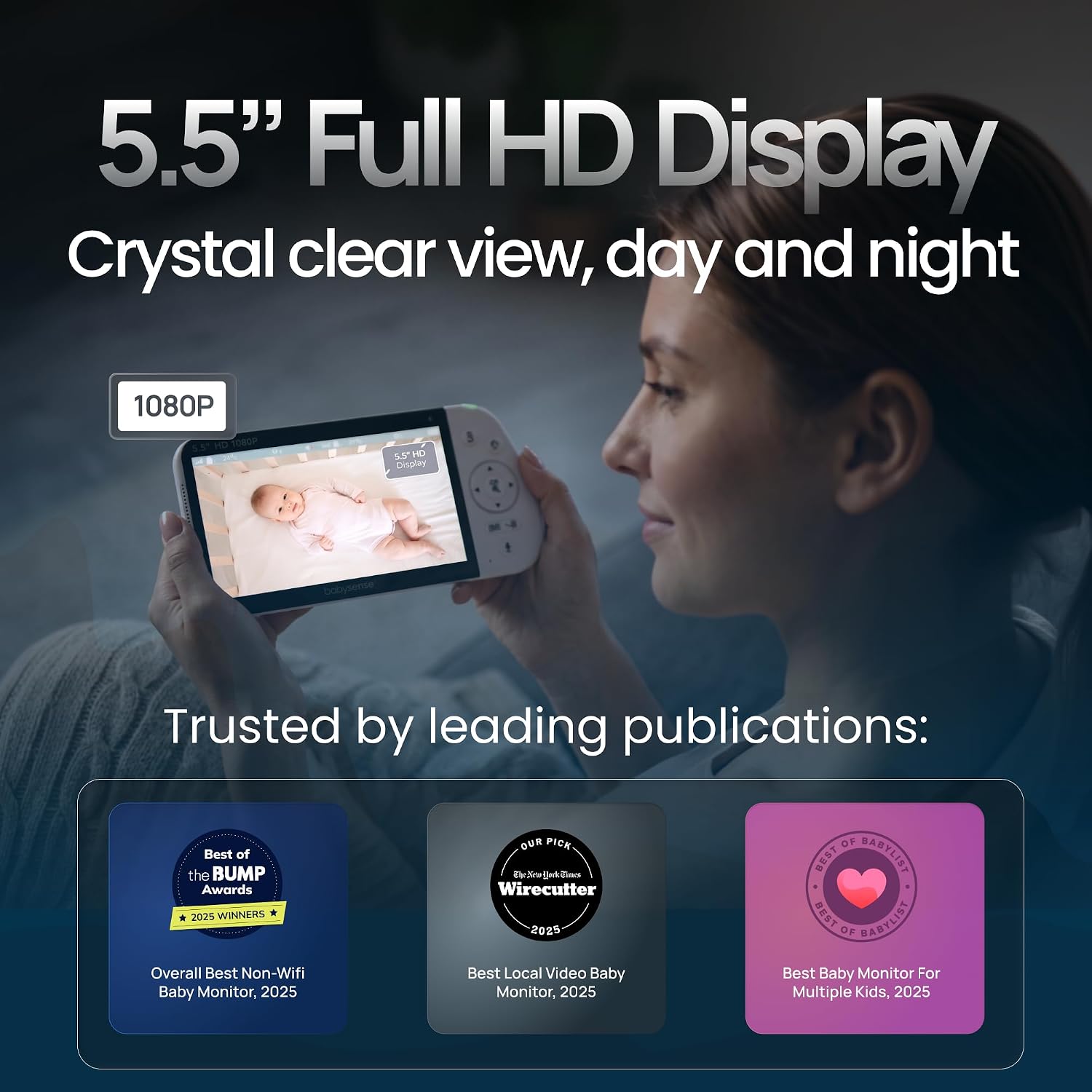 Babysense 5.5' Full-HD Split-Screen Baby Monitor, Video Baby Monitor with Camera and Audio, 3 Cameras with 6-Color RGB Night Light, 1000ft Range, 5000mAh Battery