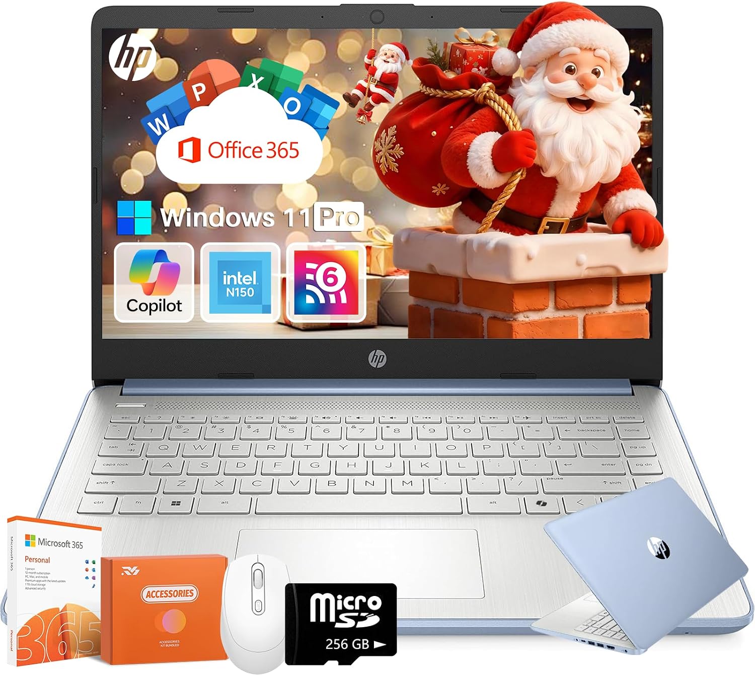 HP 14 inch Laptop, Intel Processor N150, 16GB RAM, 384GB Storage(128GB eMMC+256GB MSD), Copilot AI, Windows 11 Pro, Wi-Fi 6, HD Camera, 1 Year Microsoft 365, Long Battery Life, for Student Business
