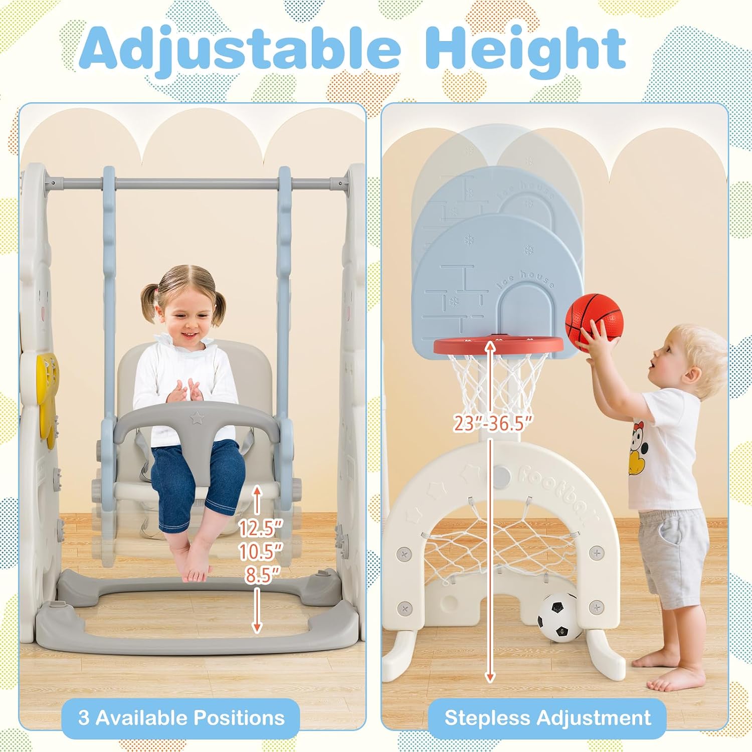 Costzon Toddler Swing and Slide Set, 7 in 1 Toddler Slide for Kids w/Height Adjustable Basketball Hoop & Swing, Climber, Golf, Soccer, Ring Tossing, Freestanding Indoor Playground for Girls & Boys