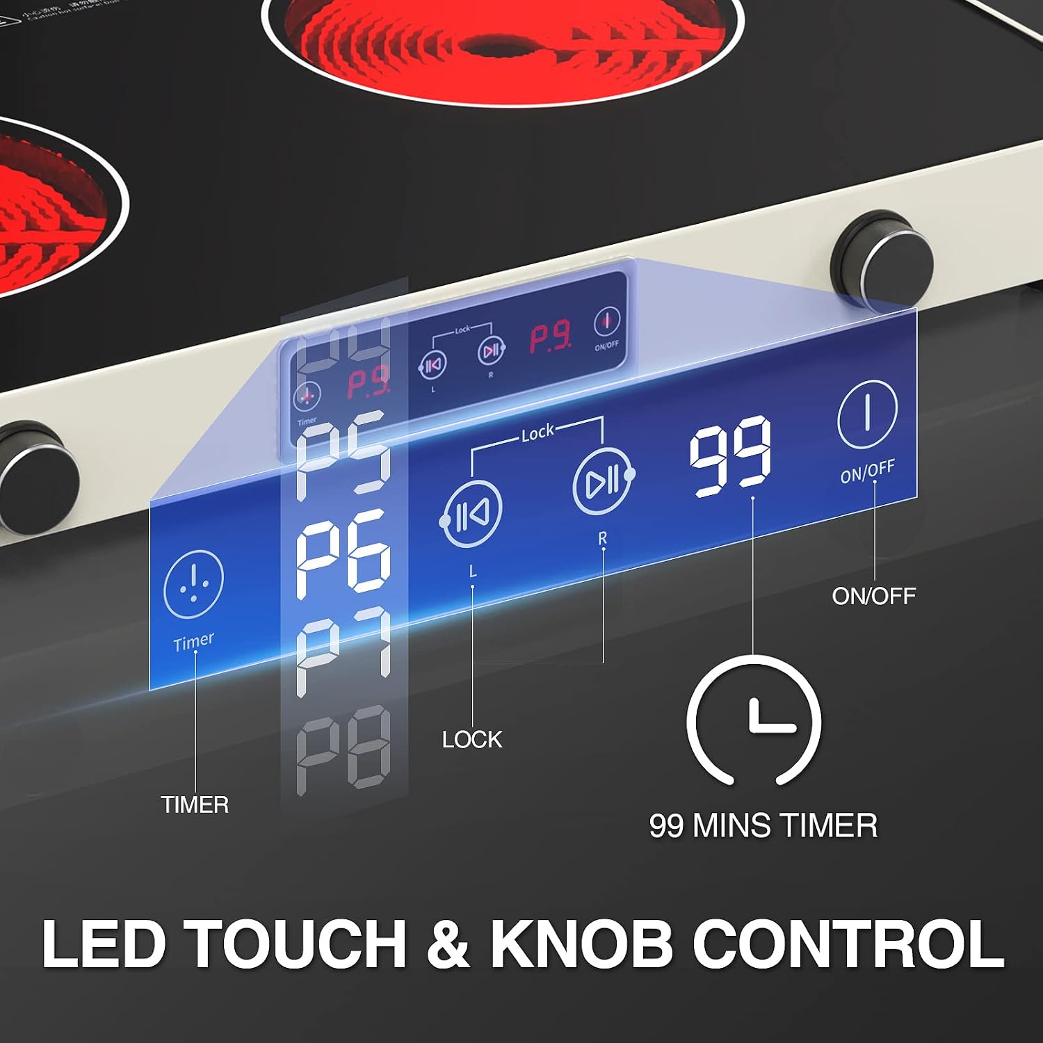Electric Cooktop, Portable Electric Stove 110V 2 Burners 9 Heating Levels with 2 Handle, 2200W Knob Control Child Safety Lock & Timer (Portable)