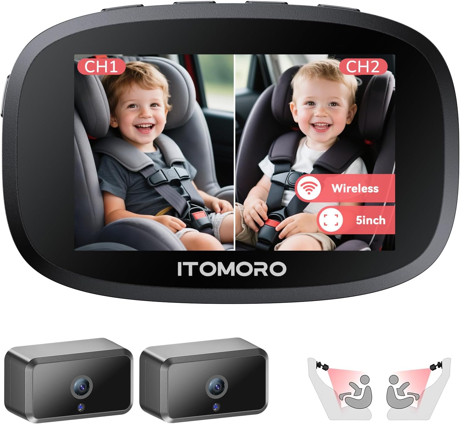 Itomoro Wireless Dual Baby Car Camera for 2 Kids, 5'' Rechargeable Split Screen HD Display with 2 Cameras, Car Monitor for Baby Max Range 1000FT, IR Night Vision, 360° Rotatable Rear Facing Mirrors