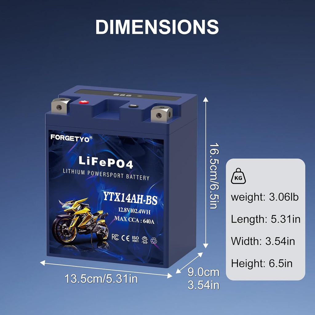 Lithium Motorcycle Battery, Forgetyo YTX14AH-BS 12V 8AH 640A LiFePO4 Lithium Battery, ATV, UTV, Jet Ski Battery