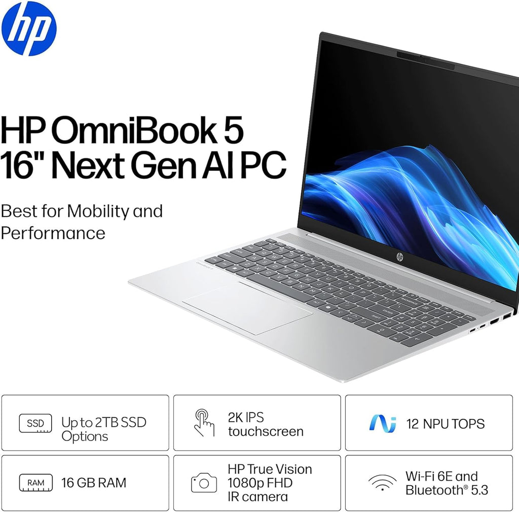 HP OmniBook 5 16 inch Next Gen AI PC Laptop, 2K IPS Touchscreen Display, Intel Core Ultra 7 255U, 16GB RAM, 512GB SSD, Windows 11 Home, WiFi 6E, Glacier Silver, w/Mytrix Accessory Lifetime Office