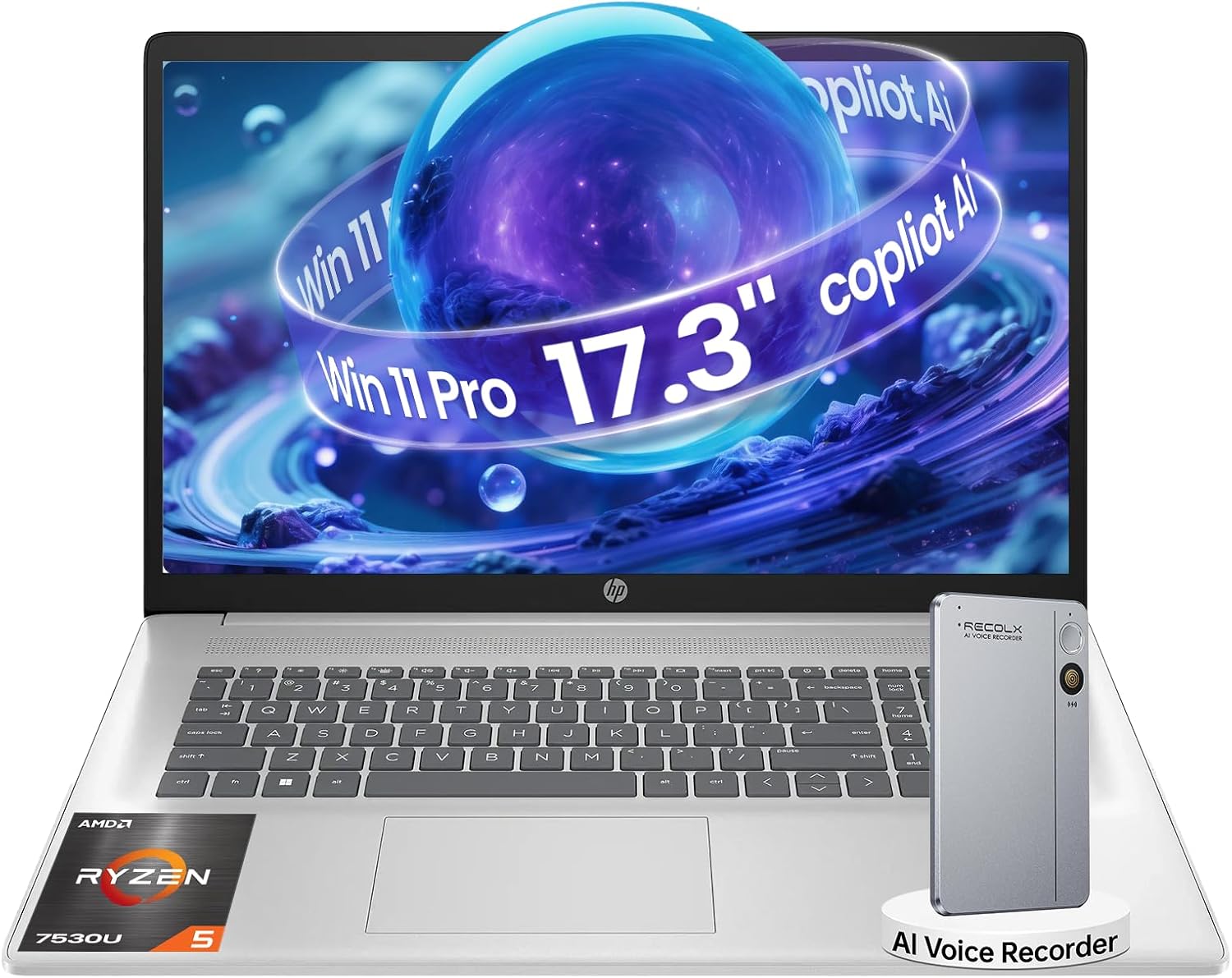 HP 17.3-inch Touchscreen Business Laptop - 36 GB RAM, 1 TB SSD, AMD Ryzen 5 7530U, Windows 11 Pro, Fast Charge, Privacy Webcam, AI Voice Recorder Bundle for Student & Work