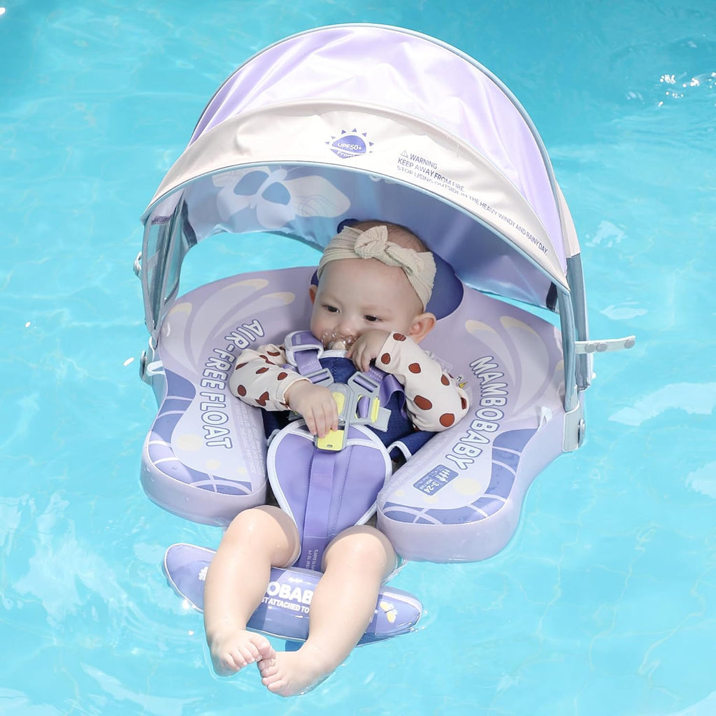 Mambobaby Float Upgrade Add Tail Baby Float with Canopy for Infant Waist Swimming Ring Swim Trainer Non-Inflatable Floats Toys with Adjustable Safety Strap (Purple - Butterfly)