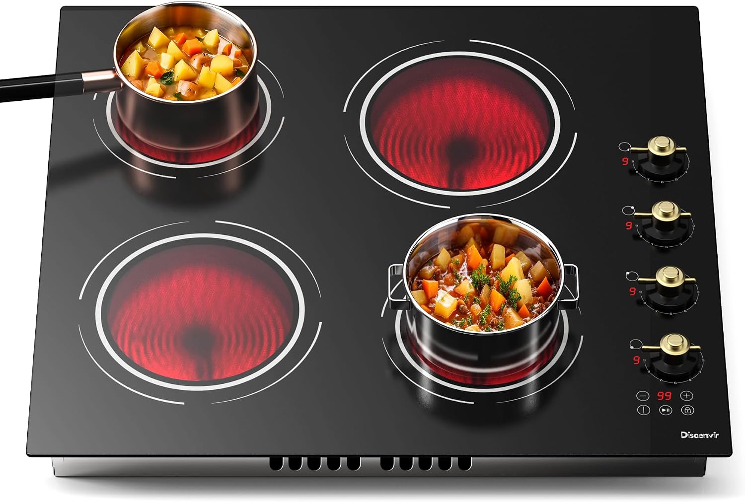 24 Inch Electric Cooktop - 4 Burner Drop-in(22.05'x19.3') Ceramic Stove Top 6000W, 220V Electric Stove, 9 Power Level, Pause, Safety Lock, Touch & Knob Control, 240V Hard Wired (No Plug)