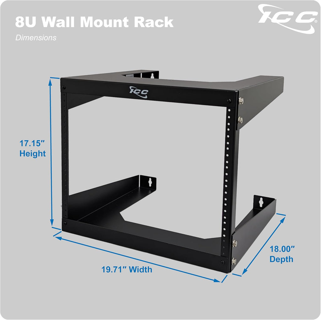 ICC 8U Wall Mount 19″ Open Frame Server Rack – 18″ Deep Cold-Rolled Steel, 125 lb Load Capacity – Network Rack for Patch Panels, Switches, AV, IT & Telecom Equipment Installations