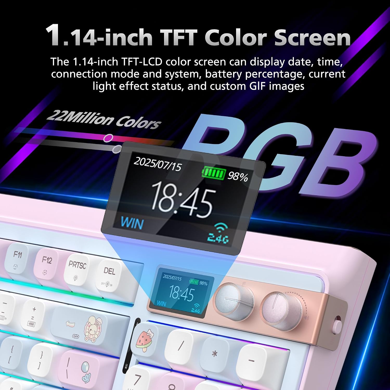 H98 Wireless Mechanical Keyboard,96-Key Hot-Swappable Wired Gaming Keyboard,Tri-Mode Bluetooth 5.0 2.4G USB-C,1.14' Color Screen,Double Knob,6000mAh,RGB,PBT Keycaps for PC Mac iPad-Pink