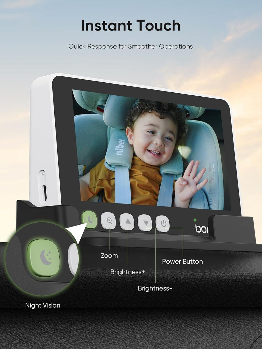 bonoch 5' 1440P Baby Car Camera for 2 Kids - 360° Rotating Adjustable Wide View Dual Cameras, Split Screen Night Vision, Easy Setup Car Seat Monitor, USB Powered with Charger, Shower Gift for Parents