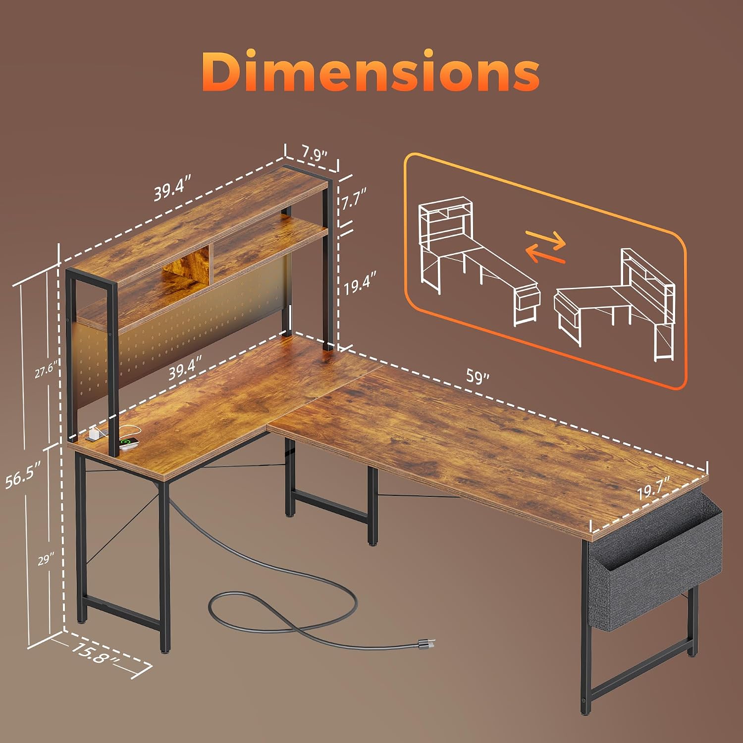 Mericonia 59 inch Large L Shaped Desk with Pegboard Hutch & Shelves, Corner Gaming Desk with Power Outlet, LED Light & Storage Bag, Reversible Computer Desk for Home, Bedroom, Office Workspace, Brown