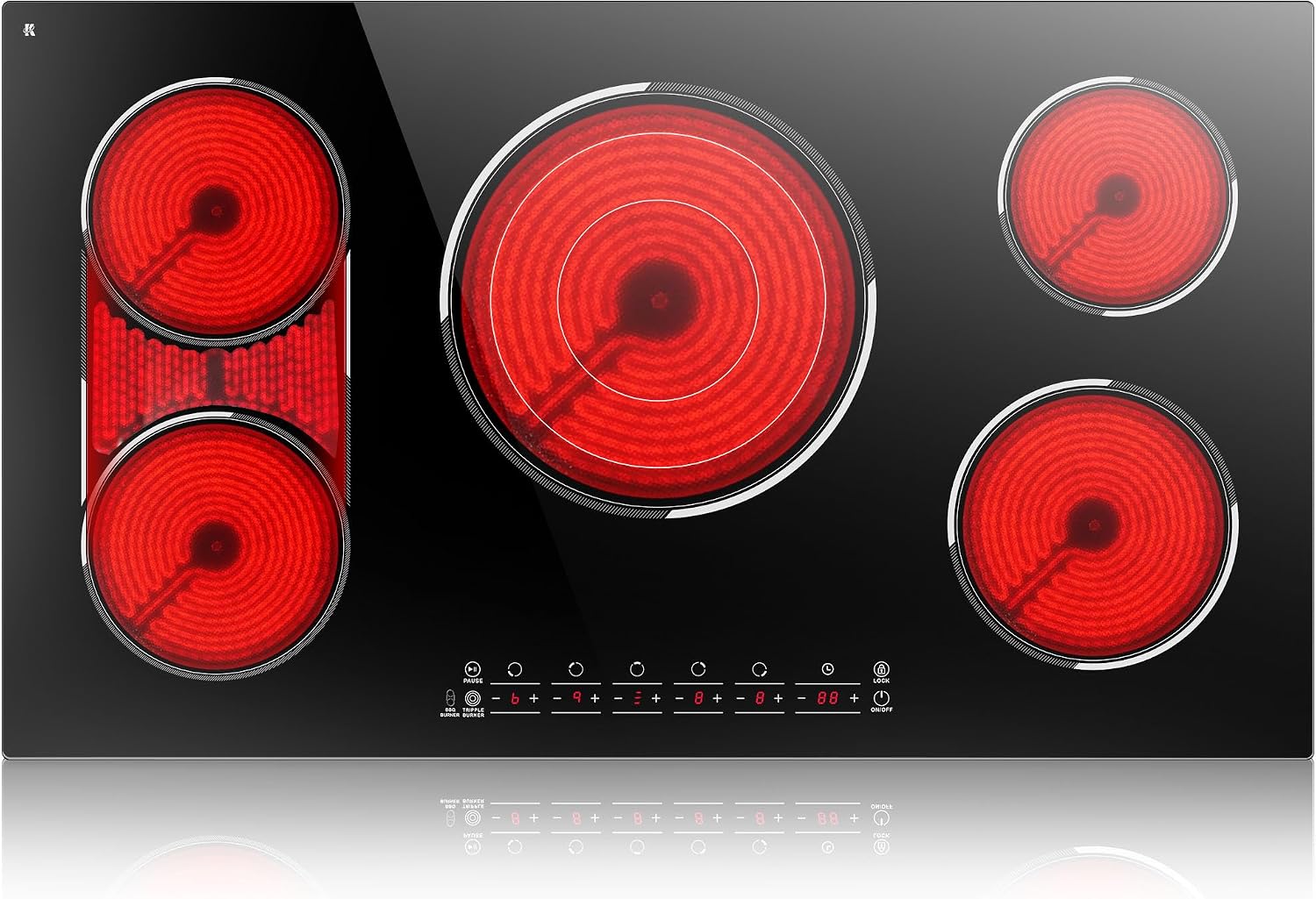 5 Burner Electric Cooktop, 36 Inch Electric Stovetop 9600W, Built-in Ceramic Hob with BBQ Burner, Touch Control, Child Safety Lock, Timer, Pause, 220-240V, Hard Wire, No Plug