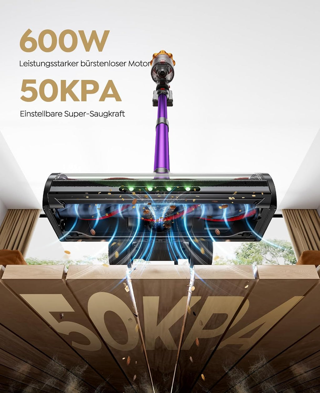 Cordless Vacuum Cleaner, 600W/50KPA/65Mins(ECO Mode) Vacuum Cleaners for Home, Self-Standing Stick Vacuum with Wall Mount Charging and Auto Mode, Handheld Vacuum for Pet Hair/Carpet/Floor