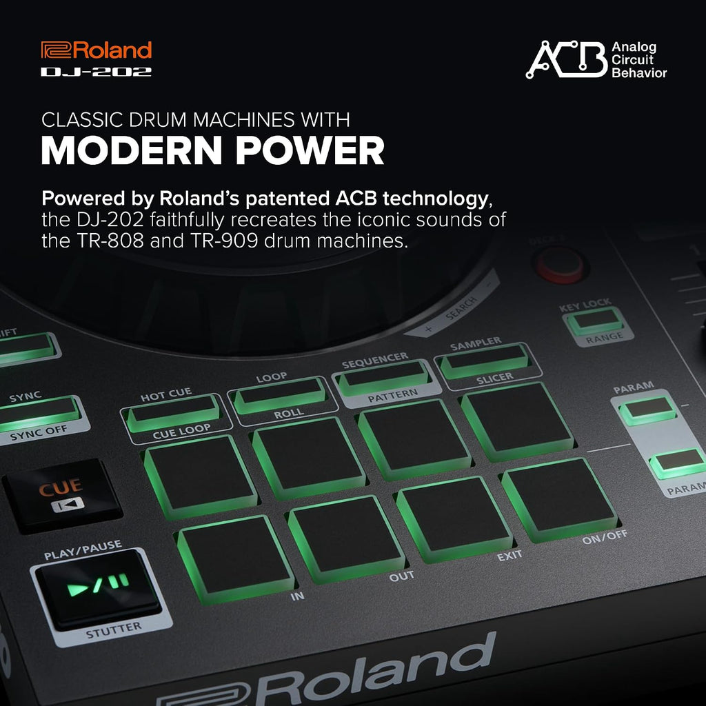 Roland DJ-202 Compact DJ Controller | 2-Channel, 4-Deck Controller for Serato DJ Lite | Large, Low-Latency Platters | Iconic Roland Drum Kit Sounds