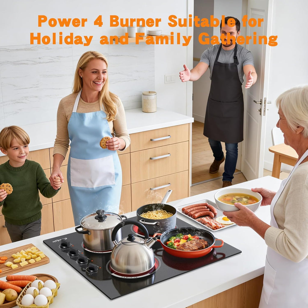 Electric Cooktop 24 Inch - 4 Burner Built-in Electric Stove Top 6000W, Radiant Electrical Stovetop with 9 Heating Level, Knob Control, Auto Shut Off Protection, 220-240V Hard Wired (No Plug)