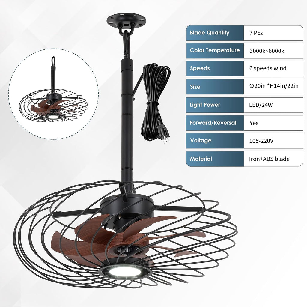 20' Outdoor Ceiling Fan with Light, Waterproof Gazebo Fan Remote Control, Dimmable LED Light, Hanging Black Caged Ceiling Fixtures with Plug in Cord for Patios Pergola