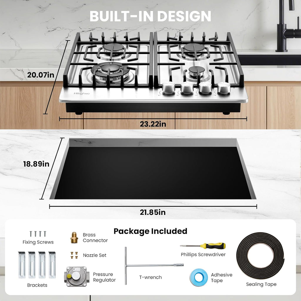 24 Inch Built-in Gas Cooktop with 4 Burner, Stainless Steel Gas Stove Top NG/LPG Convertible Propane Cooktops, Flame Out Protection