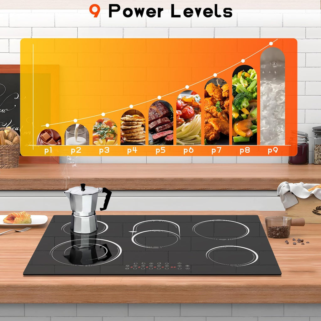 30 Inch Electric Cooktop 5 Burner 8400W Electric Stove 30 Inches Built-in Ceramic Stovetop with Touch Control, Timer, 9 Power Level, Safety Lock & Pause, 220V-240V Hard Wird (No Plug)
